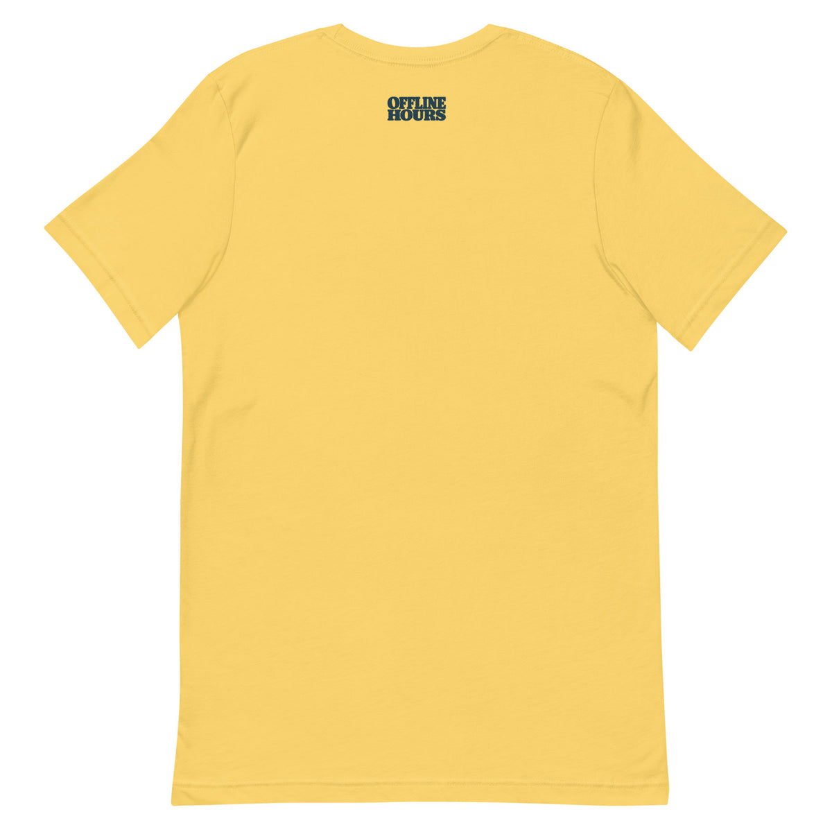 Board Meeting Tee — Yellow — outside-collar wordmark — Printful supplier mockup