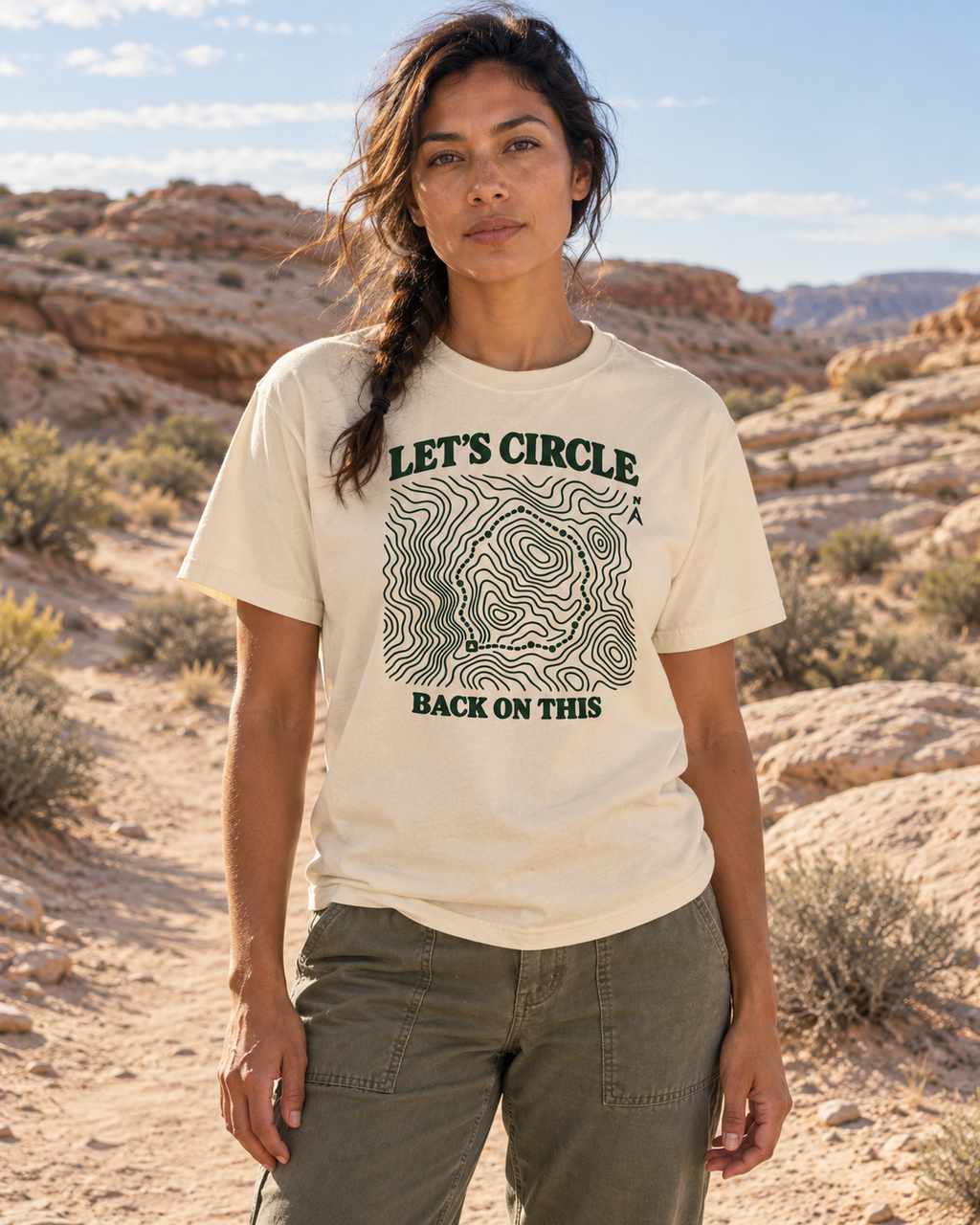 Let's Circle Back On This Tee — Ivory — lifestyle sandstone trail portrait