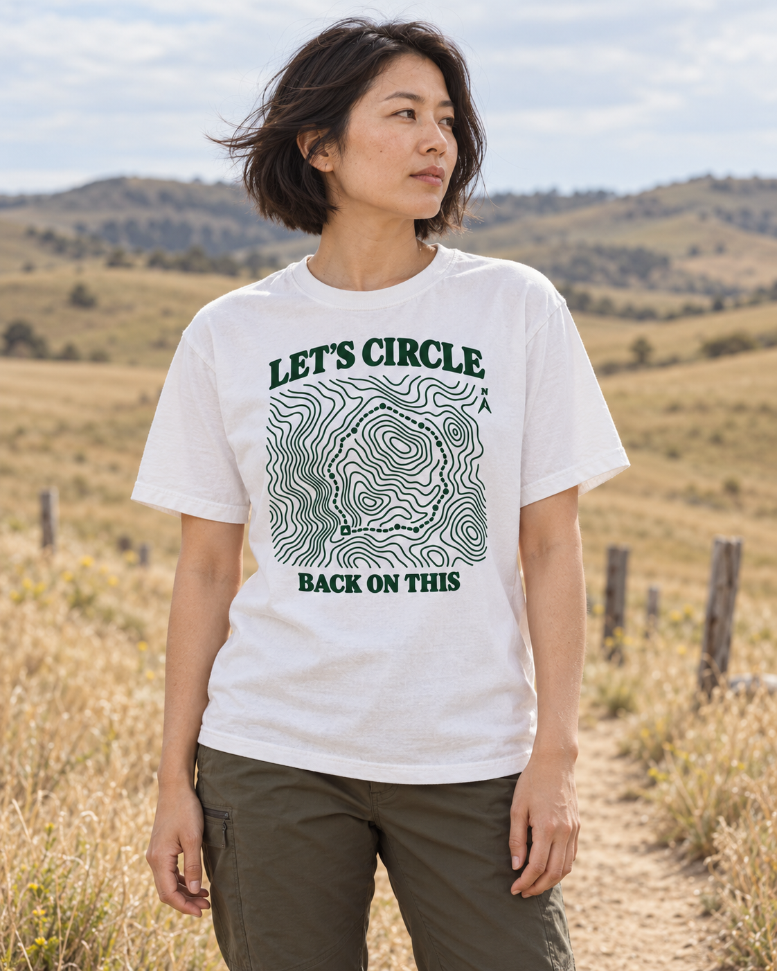 Let's Circle Back On This Tee — White — lifestyle golden grassland portrait