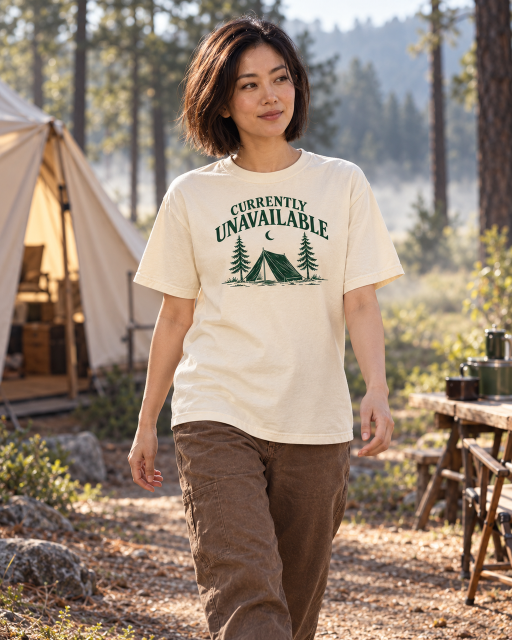 Currently Unavailable Tee — Ivory — lifestyle morning campsite walk