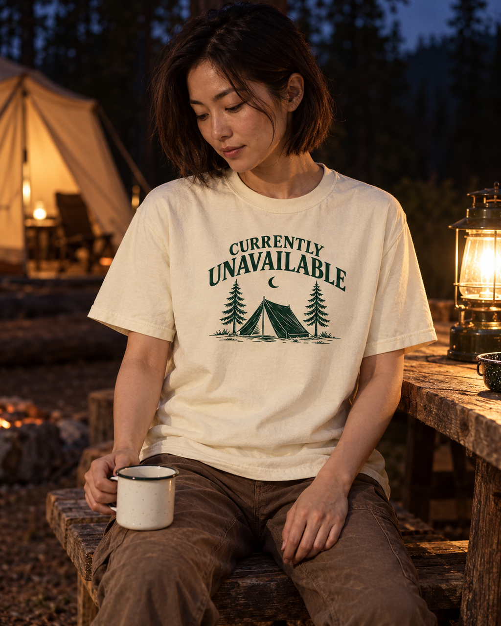 Currently Unavailable Tee — Ivory — lifestyle lantern-lit evening at camp