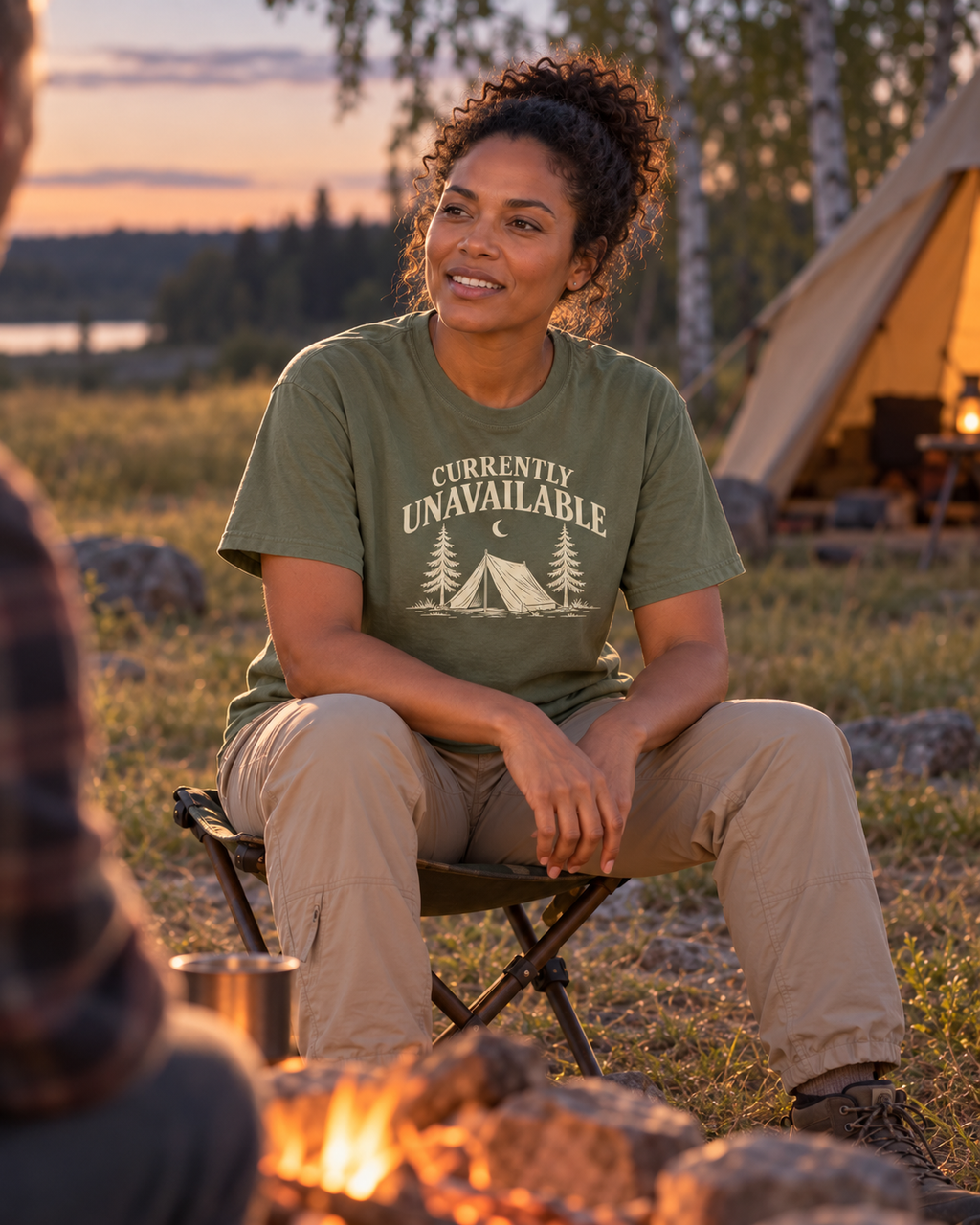Currently Unavailable Tee — Moss — lifestyle dusk campfire conversation