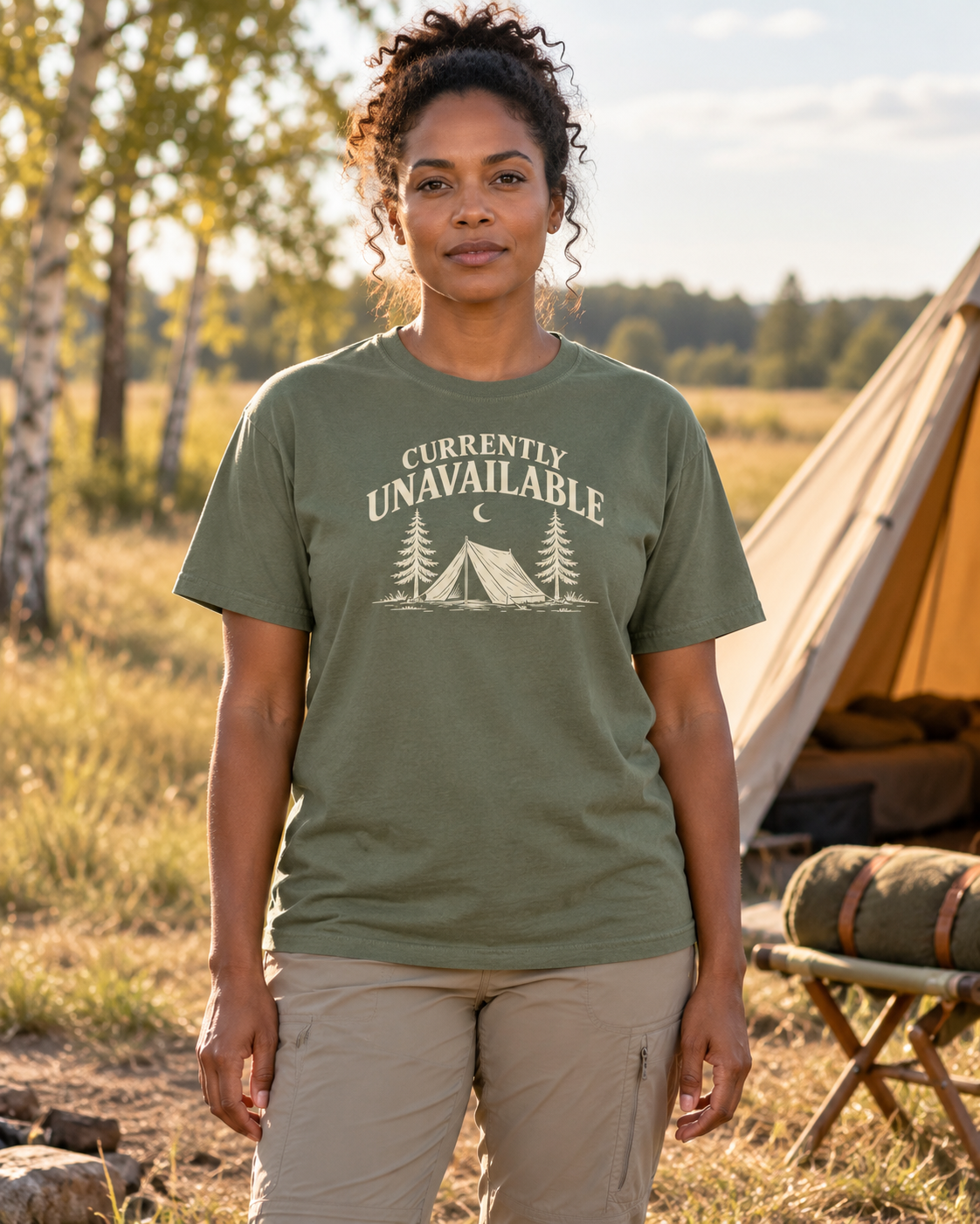 Currently Unavailable Tee — Moss — lifestyle afternoon campsite portrait