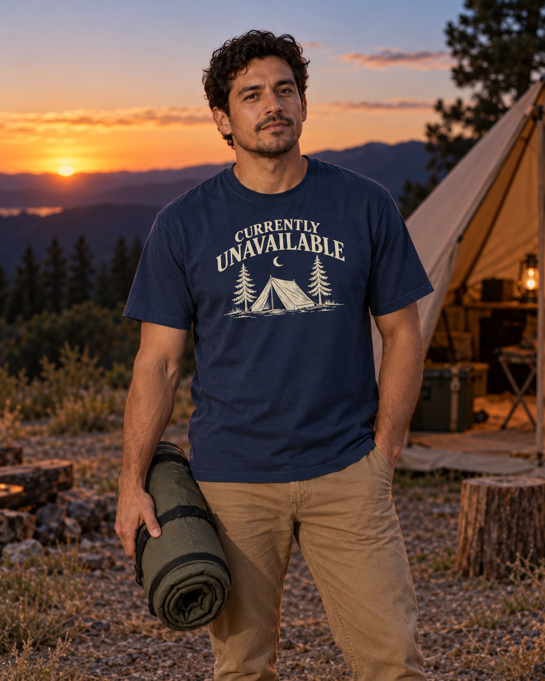 Currently Unavailable Tee — True Navy — lifestyle sunset camp setup