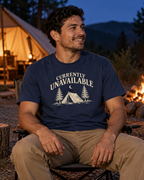 Currently Unavailable Tee — True Navy — lifestyle blue-hour campsite portrait