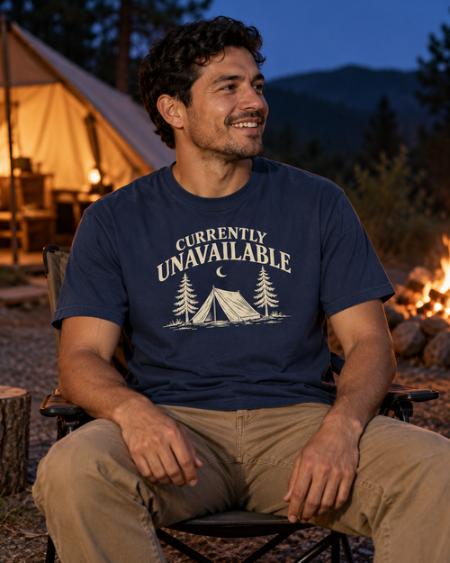 Currently Unavailable Tee — True Navy — lifestyle blue-hour campsite portrait