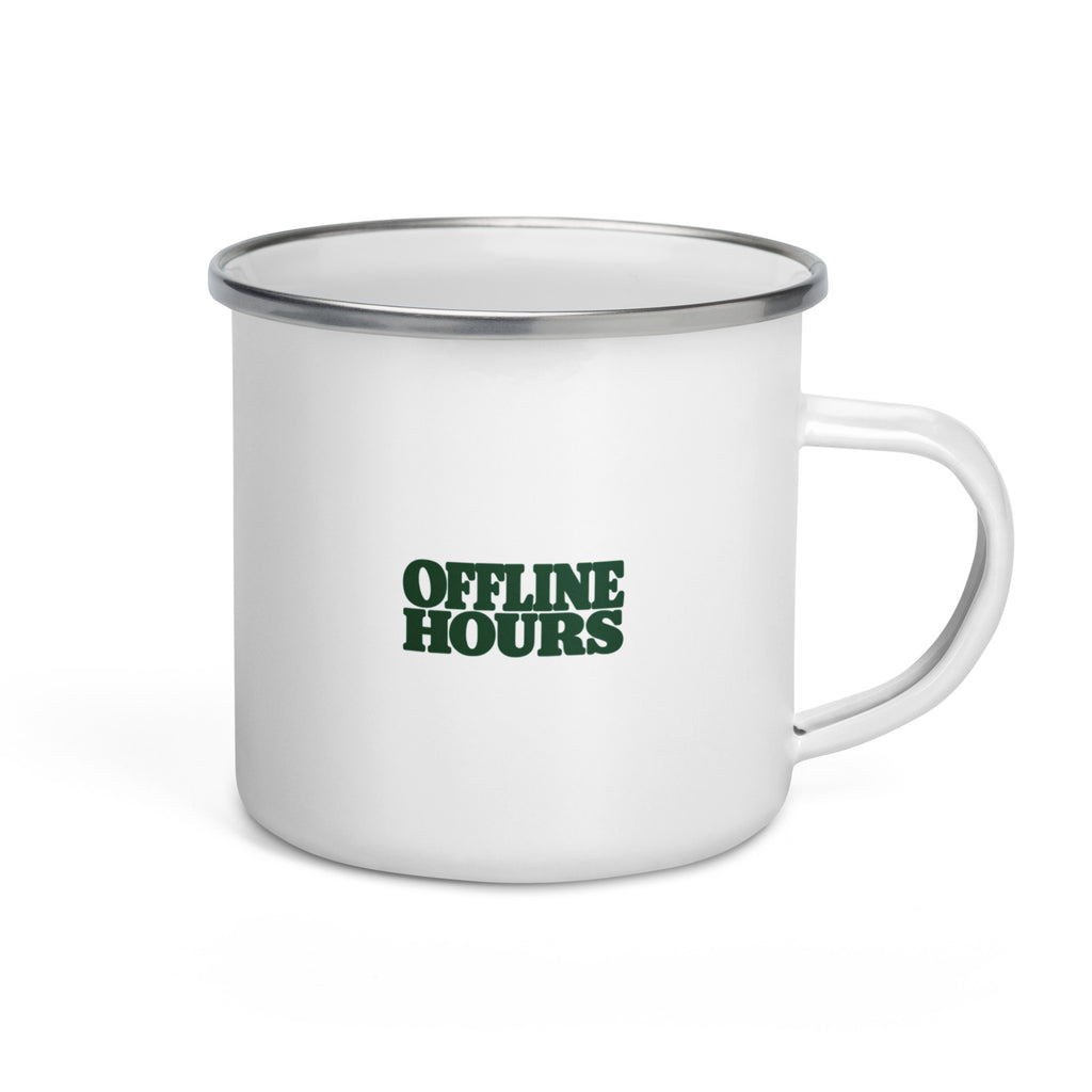 Happy Camper Enamel Mug — smaller Offline Hours reverse wordmark — Printful supplier mockup