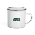 Happy Camper Enamel Mug — smaller Offline Hours reverse wordmark — Printful supplier mockup