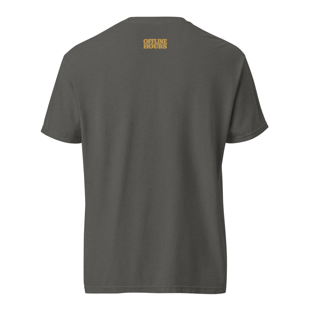Good Days Don't Need a Signal Tee — Pepper / muted-ochre / outside wordmark label