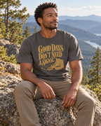 Good Days Don't Need a Signal Tee — Pepper — lifestyle seated at a mountain overlook