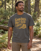 Good Days Don't Need a Signal Tee — Pepper — lifestyle portrait on a woodland trail