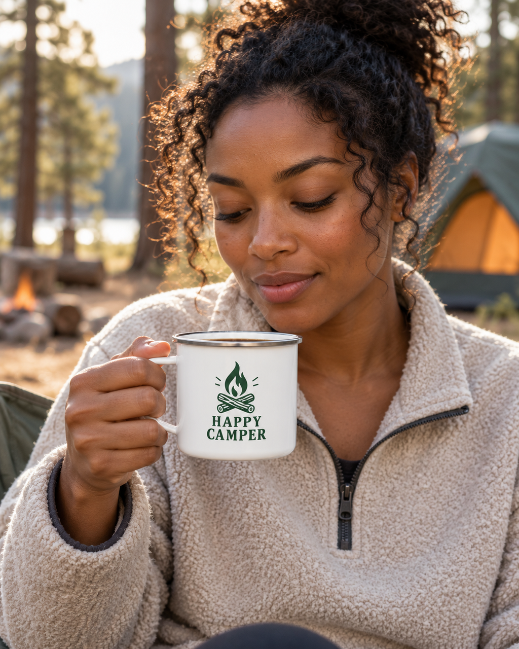 Camper holding the Happy Camper enamel mug at a forest campsite