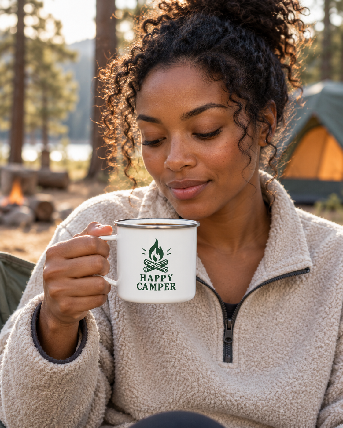 Camper holding the Happy Camper enamel mug at a forest campsite