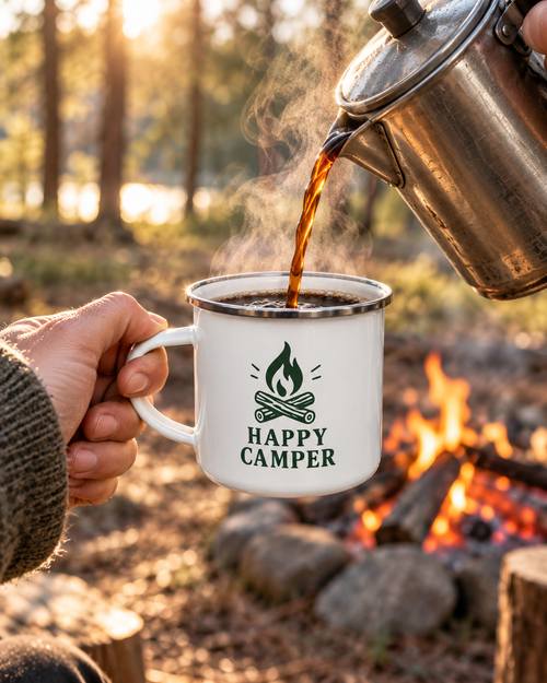 Coffee pouring into the Happy Camper enamel mug with steam in morning campsite light