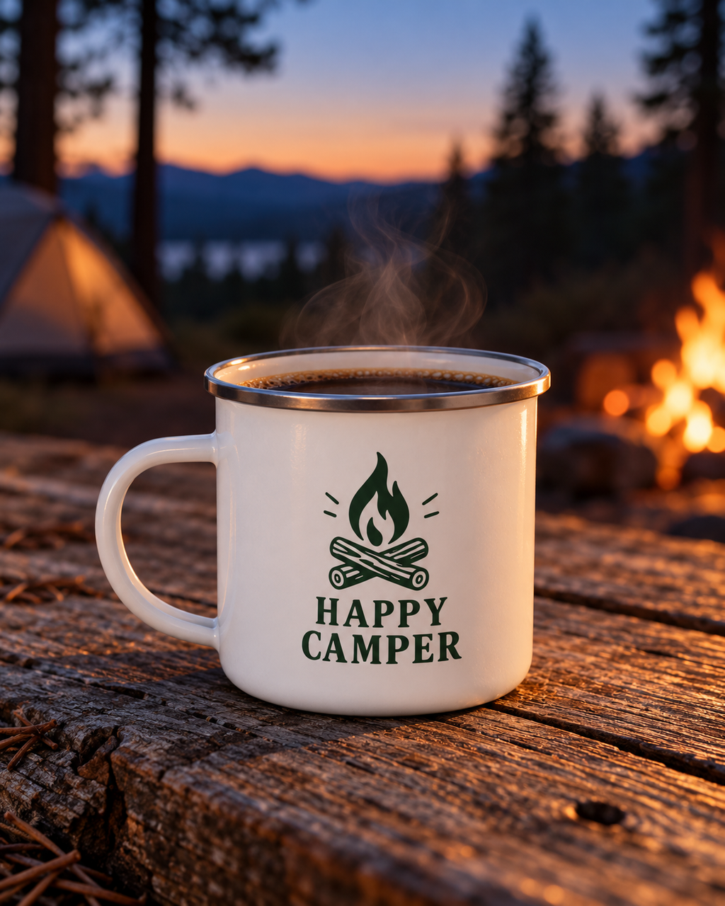 Happy Camper enamel mug on a wooden picnic table at dusk