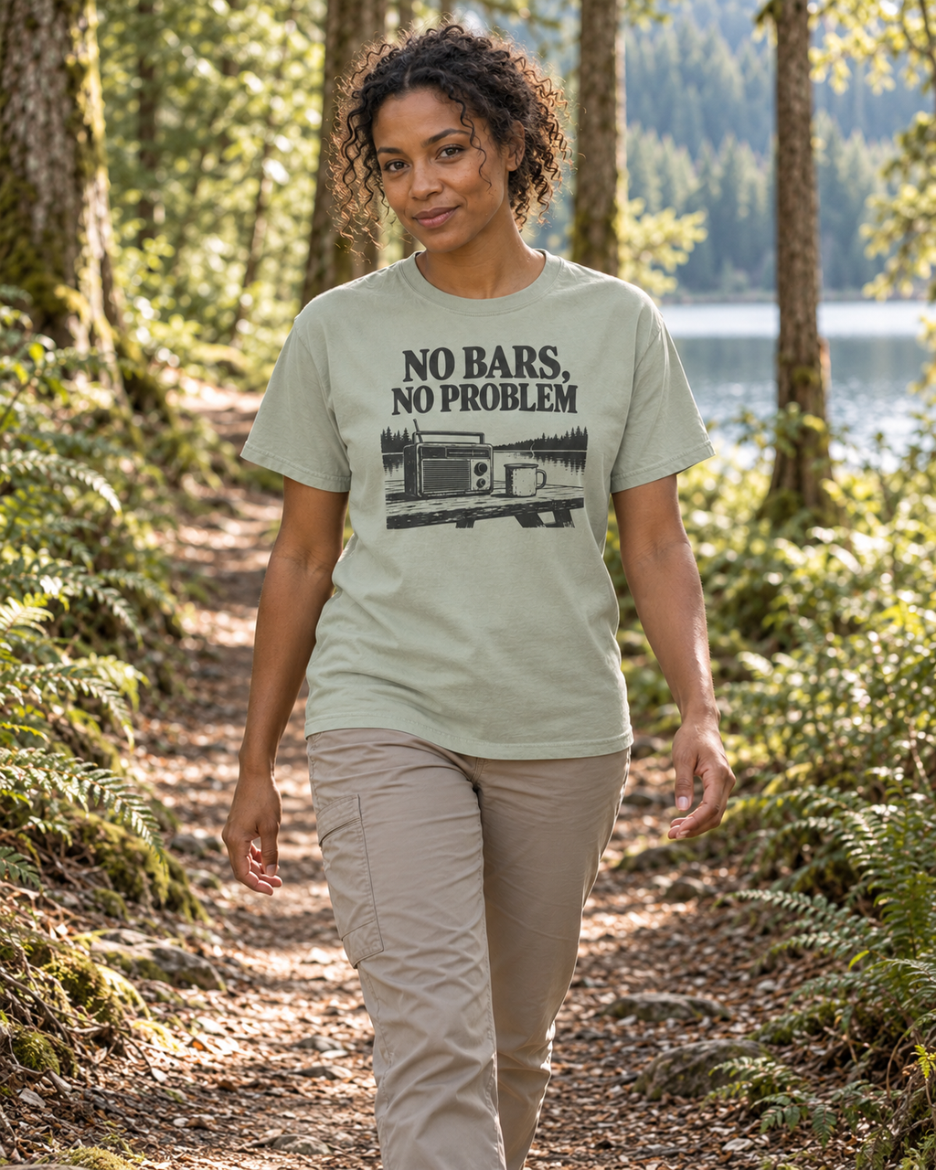 No Bars, No Problem Tee — Bay — lifestyle walking on a forest trail