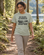 No Bars, No Problem Tee — Bay — lifestyle walking on a forest trail