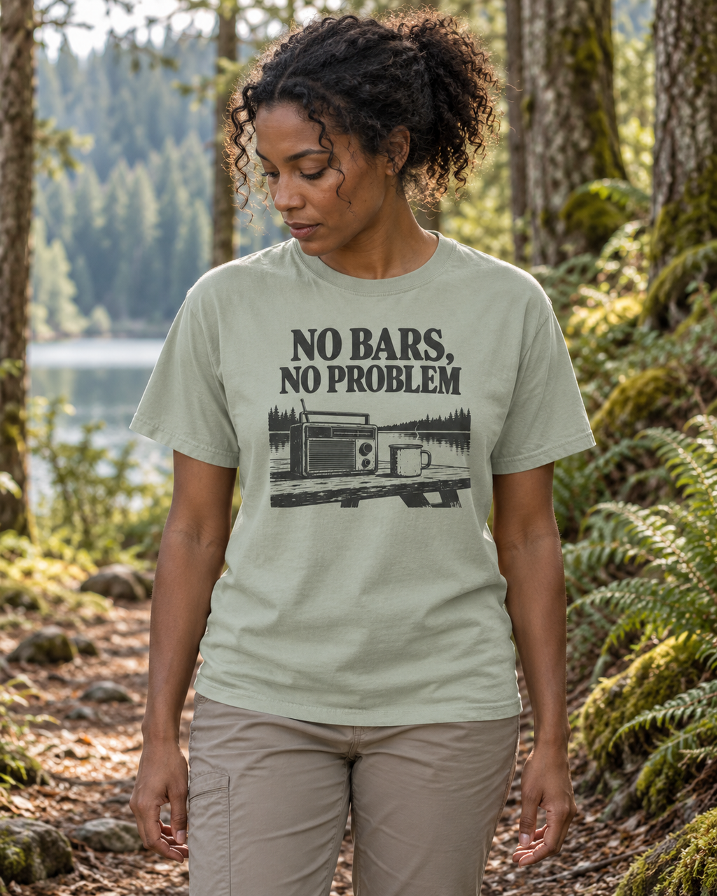 No Bars, No Problem Tee — Bay — lifestyle thoughtful woodland portrait