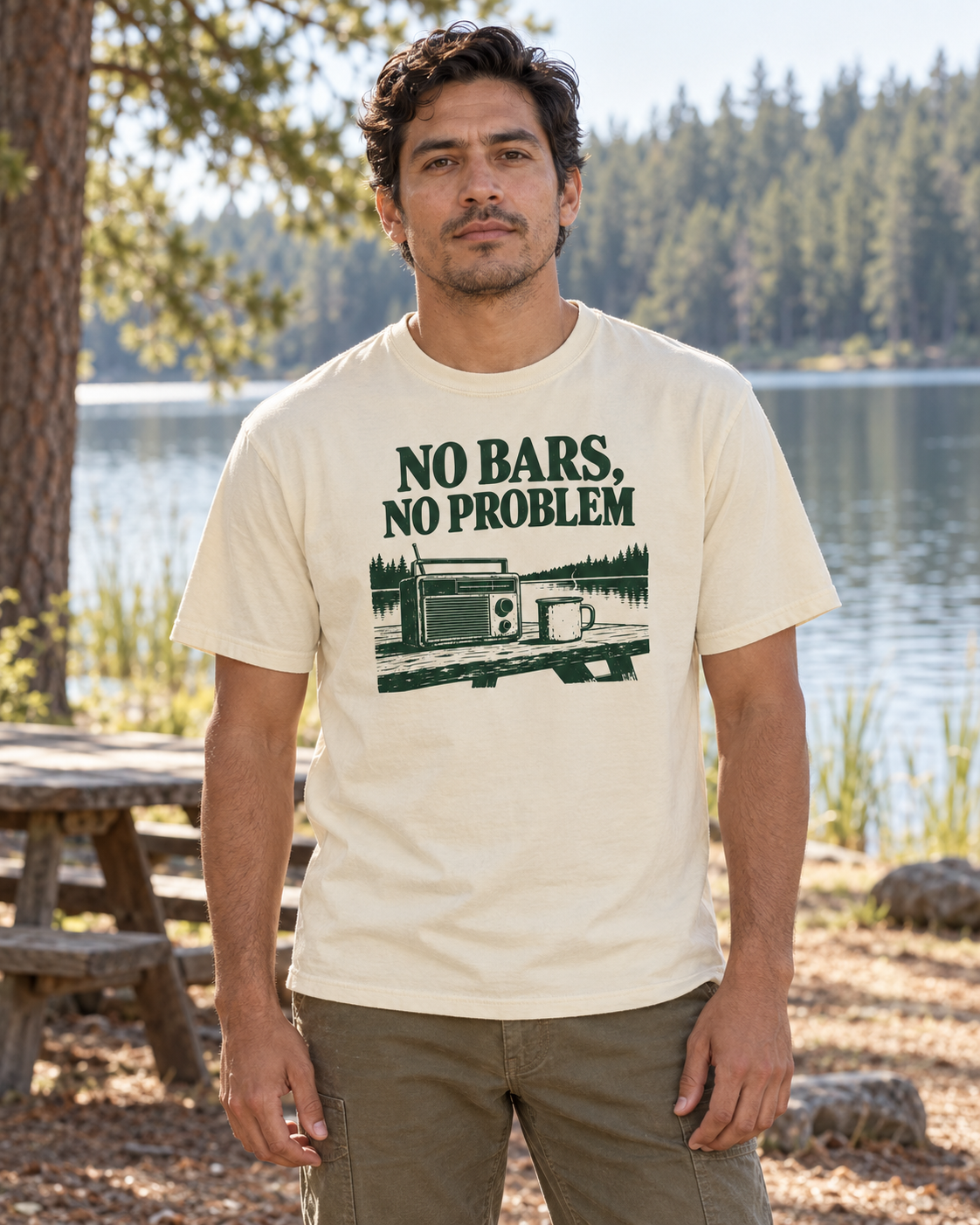 No Bars, No Problem Tee — Ivory — lifestyle lakeside portrait