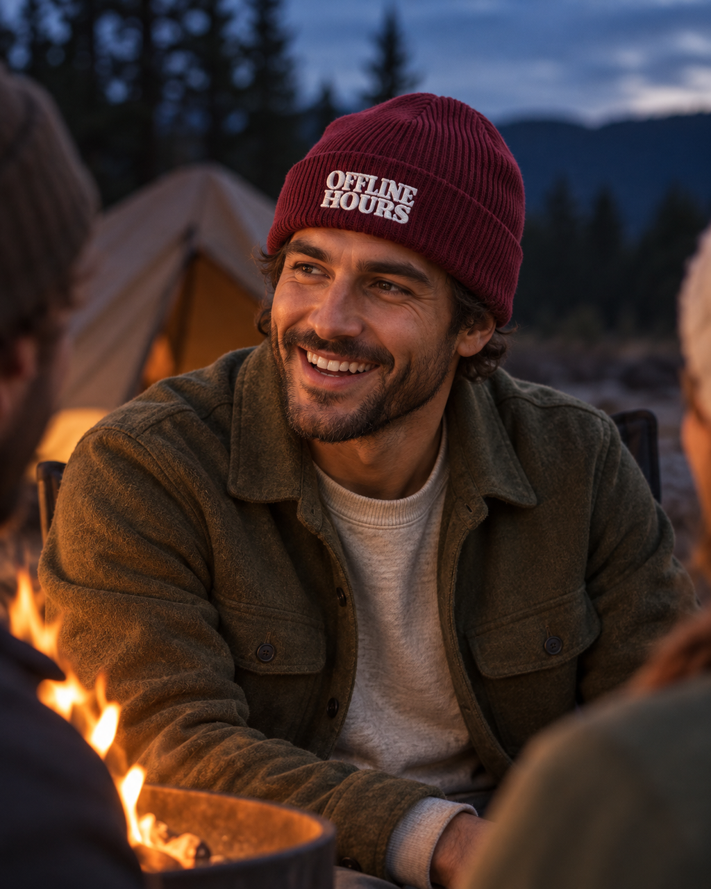 Offline Hours Organic Ribbed Beanie — Burgundy — lifestyle close campfire portrait