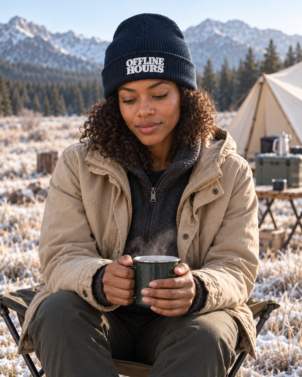 Offline Hours Organic Ribbed Beanie — Oxford Navy — lifestyle coffee at a frosty campsite