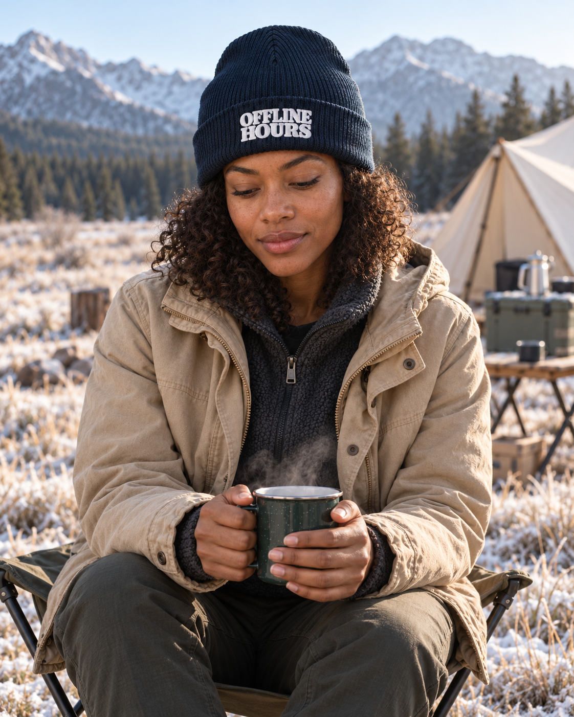 Offline Hours Organic Ribbed Beanie — Oxford Navy — lifestyle coffee at a frosty campsite