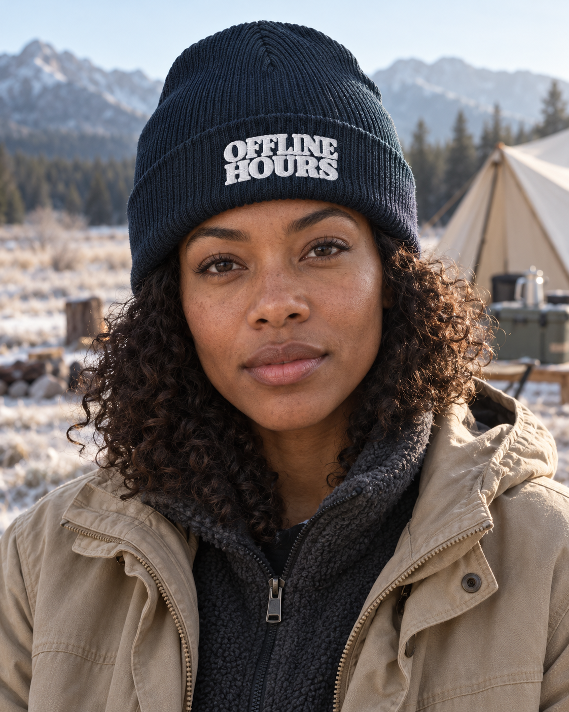 Offline Hours Organic Ribbed Beanie — Oxford Navy — lifestyle cold morning campsite portrait