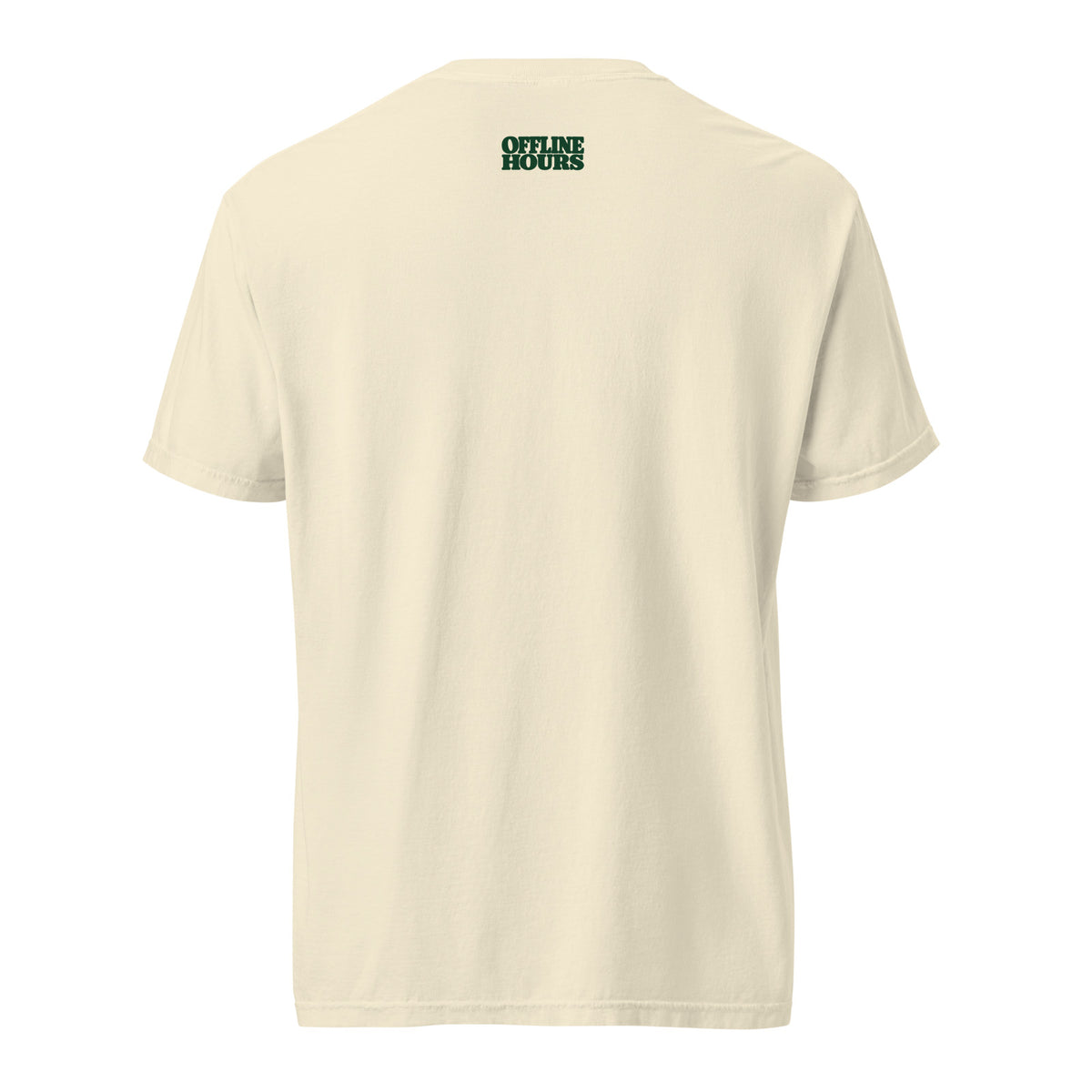 Currently Unavailable Tee — Ivory — approved outside-collar wordmark — Printful supplier mockup