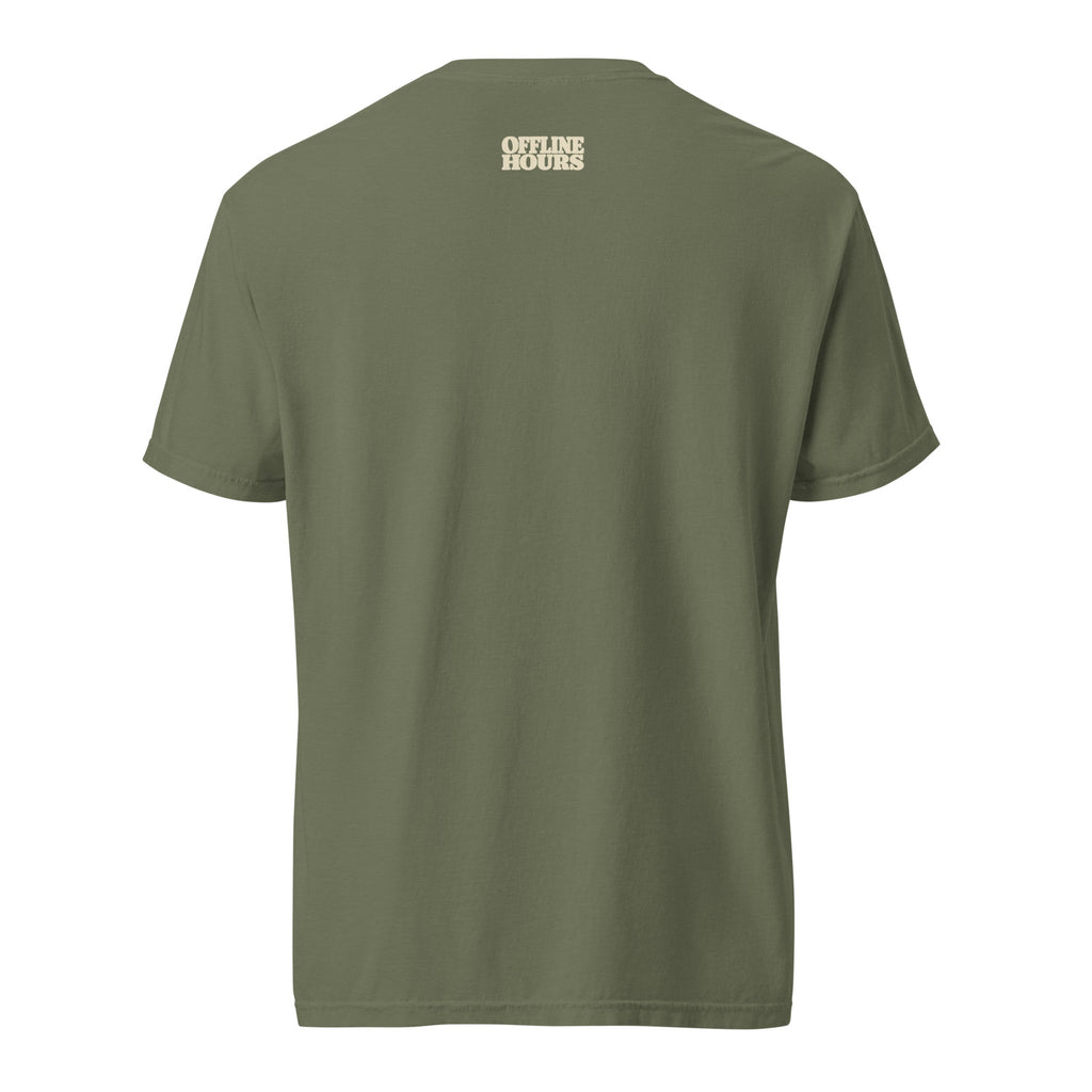 Currently Unavailable Tee — Moss — approved outside-collar wordmark — Printful supplier mockup