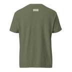 Currently Unavailable Tee — Moss — approved outside-collar wordmark — Printful supplier mockup