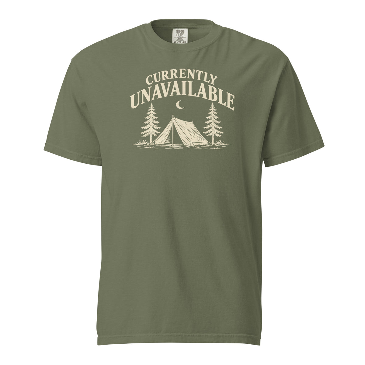 Currently Unavailable Tee — Moss — approved front artwork — Printful supplier mockup