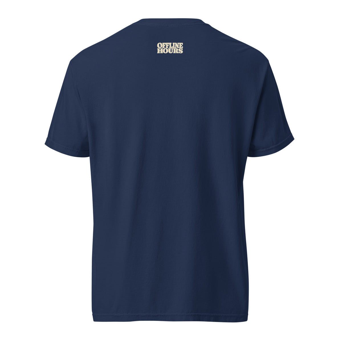 Currently Unavailable Tee — True Navy — approved outside-collar wordmark — Printful supplier mockup